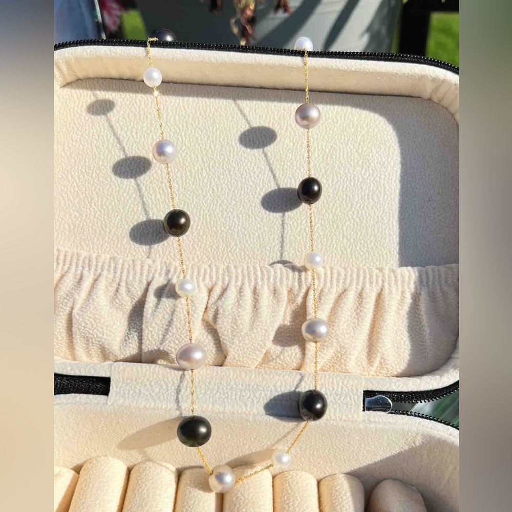 14k gold Multi color cultured freshwater pearl station necklace